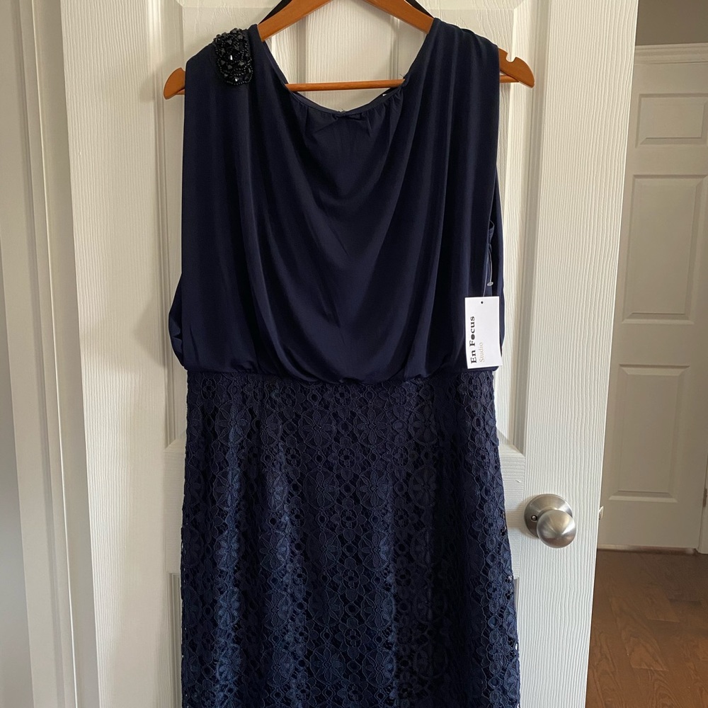 Size 14 Beautiful Navy crepe and lace dress, party, wedding, dinner